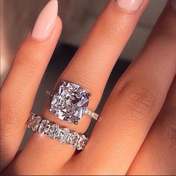 NEW! 18K White Gold Plated 5 Carat Cushion-Cut Solitaire Diamond Engagement Ring - Picture 7 of 9